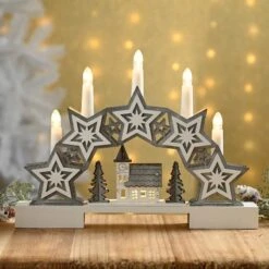 32cm Wooden Star & Village Candlebridge Light Arch