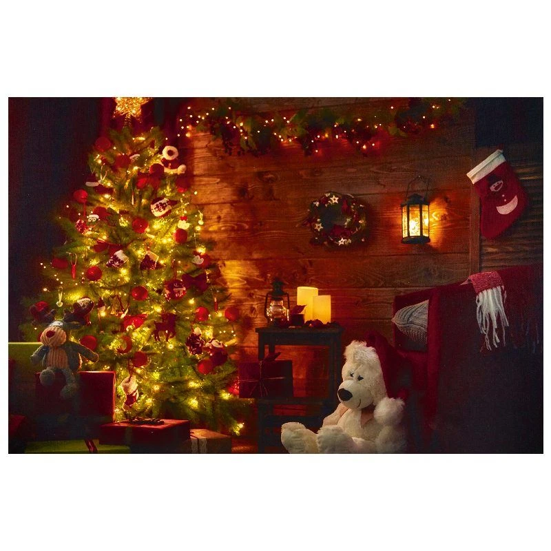Lit Christmas Teddy Bear Scene - Fibre Optic Canvas Print - 40 X 60cm