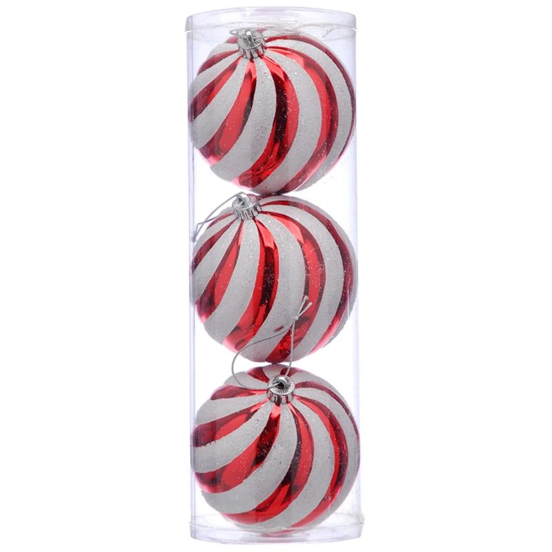 15cm Red & White Striped Shatterproof Christmas Baubles (Pack Of 3)
