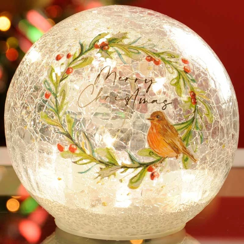 Festive Lit Crackle Effect Ball - Robin Scene