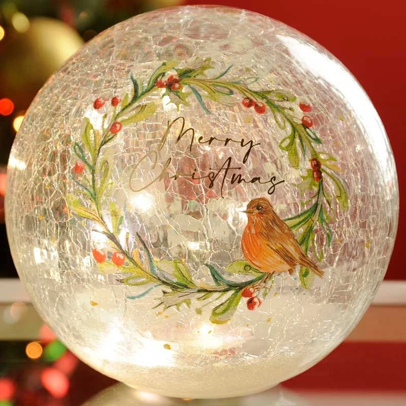 Festive Lit Crackle Effect Ball - Robin Scene - Image 2